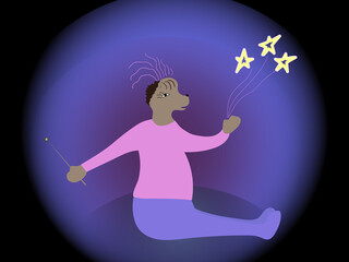 
The mystical character sits and holds a magic wand in his hands and conjures over the stars on a dark purple background. Magical illustration for nelluin, christmas