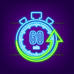 The 60 minutes, stopwatch vector neon icon. Stopwatch icon in flat style, timer on on color background. Vector illustration