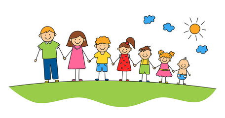 Obraz na płótnie Canvas Happy doodle stick mans family in summer park. Hand drawn family members. Mother, father and kids holding hands. Vector color illustration isolated in doodle style on white background.