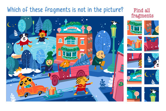 Which of these fragments is not in the picture? Find all fragments. Christmas village with cute characters and buildings. Child Game. Activities, vector illustration.