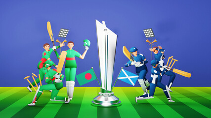 3D Participating Cricket Team Of Bangladesh VS Scotland With Silver Winning Trophy And Tournament Equipment On Blue And Green Playground.