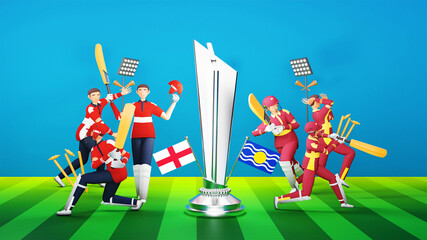 Participating Cricket Player Team Of England VS West Indies With Silver Winning Trophy And Tournament Equipment In 3D Style.