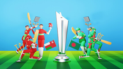 3D Participating Cricket Team Players Of Oman VS Bangladesh With Silver Winning Trophy And Equipment Illustration.