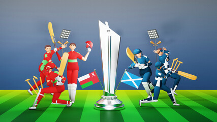 Participating Cricket Team Players Of Oman VS Scotland With Silver Trophy Award And Tournament Equipment In 3D Style.