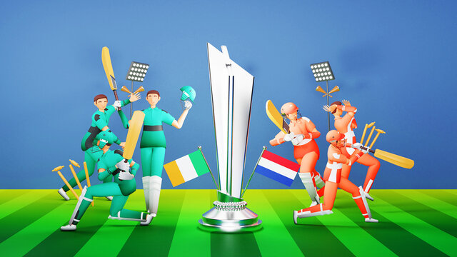 Participating Cricket Team Players Of Ireland VS Netherlands With Silver Winning Trophy And Tournament Equipment On Blue And Green Playground. 3D Render.