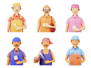 3D Rendering Of Essential Workers As Mechanic, Postman, Painter, Ward Boy, Coconut And Juice Seller On White Background.