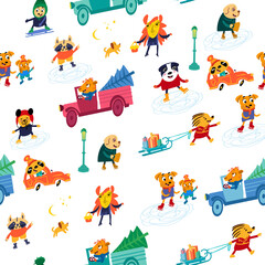 Cars and trucks before Christmas. Cute characters in city. Seamless pattern, vector, full color.