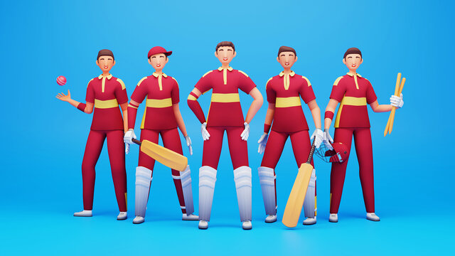 West Indies Cricket Player Team With Tournament Equipment On Blue Background. 3D Render.