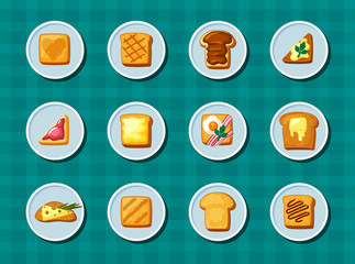 Bread toast on plates set. Mouth watering snacks with scrambled eggs and chocolate pasta light snack with cheese and green onions dessert with jam and salad organic breakfast. Cartoon vector.