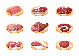 Fototapeta na wymiar Meat products on plate set. Ready to cook pork and red beef tenderloins fresh steaks and chops for roasting mouth watering organic sausages party and snack cuts. Cartoon vector menu.
