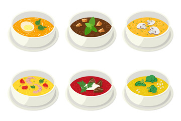 Various soups in bowls. Eggs, shrimps, broccoli, tomatoes, mint, mushrooms, meat, croutons, noodles
