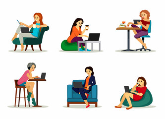 Women work in office and at home set. Freelance girls carry out work projects speaks phone an ottoman sits armchair with coffee and pen works during extra hours in office. Vector cartoon workplace.