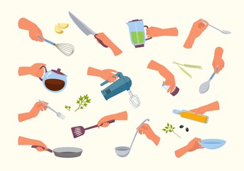 Hands hold kitchen appliances set. Frying in skillet with olive oil cooking and slicing food beating with mixer and hand whisk pouring soup into bowl with dish. Cartoon vector household.