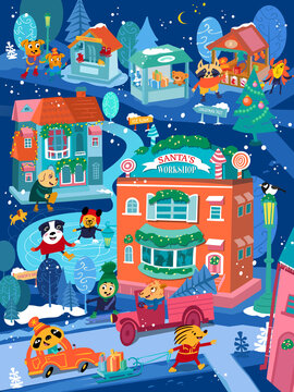 Christmas village with cute characters and buildings. New Year poster, story illustration for wallpaper, educational games, puzzle. Vector illustration.