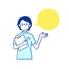 バインダーを持って説明しているマスクをした看護師　フキダシ