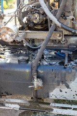 Details of a disassembled engine in a truck