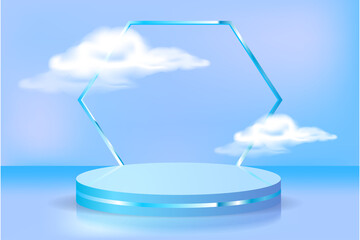 3d blue podium, hexagonal minimalist lines and minimal cloud scene