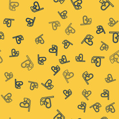 Obraz premium Blue line Diving mask and snorkel icon isolated seamless pattern on yellow background. Extreme sport. Diving underwater equipment. Vector