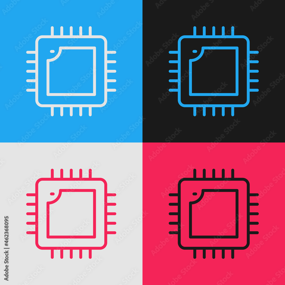 Poster pop art line computer processor with microcircuits cpu icon isolated on color background. chip or cp