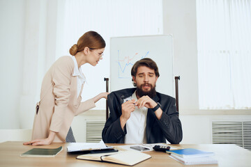 colleagues at work communication in the office work desk professionals emotions