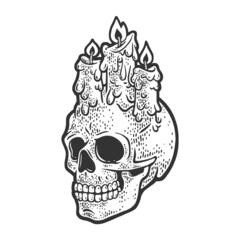 candle stubs on the skull sketch engraving vector illustration. Halloween illustration. T-shirt apparel print design. Scratch board imitation. Black and white hand drawn image.