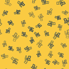 Fototapeta na wymiar Blue line Hand holding money icon isolated seamless pattern on yellow background. Dollar or USD symbol. Cash Banking currency sign. Vector