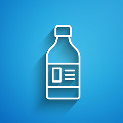 White line Plastic bottle for laundry detergent, bleach, dishwashing liquid or another cleaning agent icon isolated on blue background. Long shadow. Vector