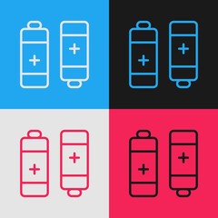 Pop art line Battery icon isolated on color background. Lightning bolt symbol. Vector