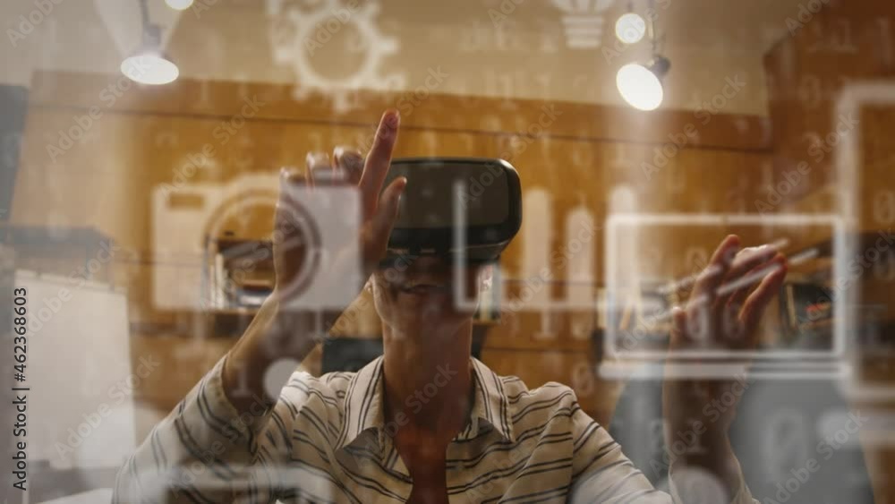 Aufkleber multiple digital icons and binary coding against woman wearing a vr headset at office
