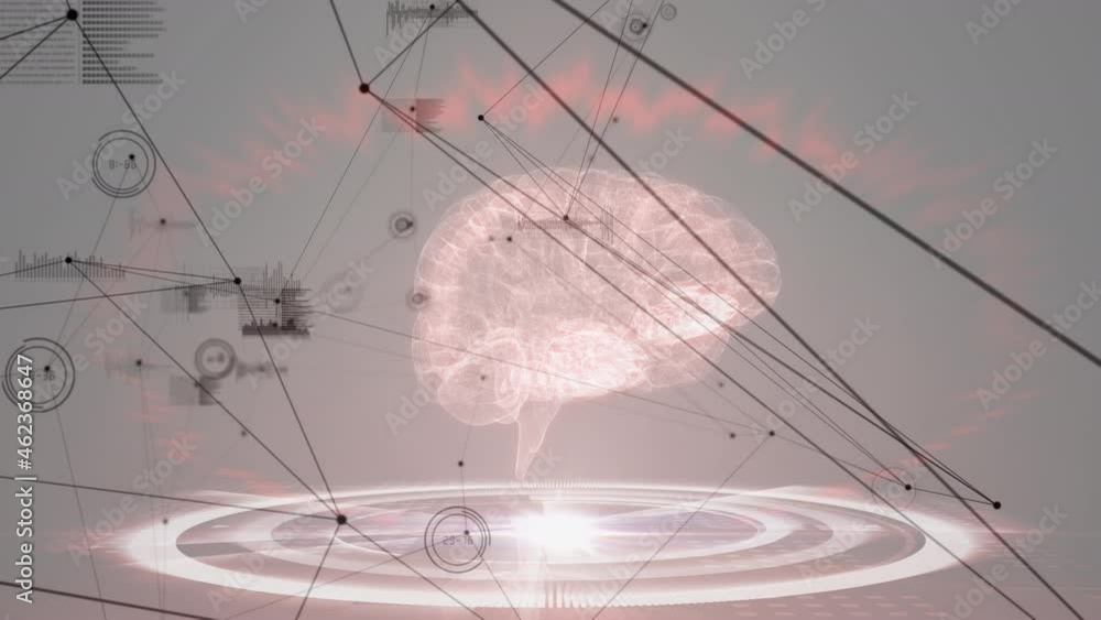 Poster network of connections and data processing over human brain model against grey background