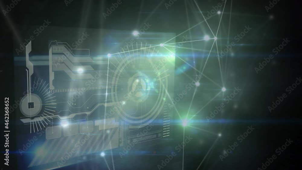 Poster glowing network of connections over digital interface with data processing against blue background