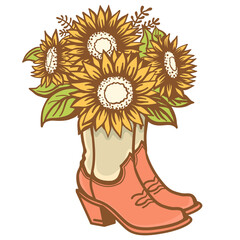 Cowboy boots with sunflowers bouquet decoration. Cowgirl boots vector illustration Country wedding decor
  isolated on white for print