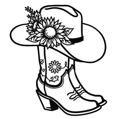 Cowboy boots with sunflowers bouquet decoration. Cowgirl boots vector illustration Country wedding decor
  isolated on white for print