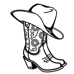Cowboy boots and cowboy hat with  flowers decoration. Cowgirl boots vector black graphic illustration isolated on white for print. Country wedding decor