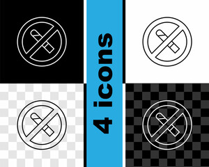 Set line No Smoking icon isolated on black and white, transparent background. Cigarette symbol. Vector