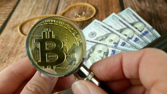 hand takes out the golden bitcoin from wallet with american dollars on wooden background, multicurrency concept