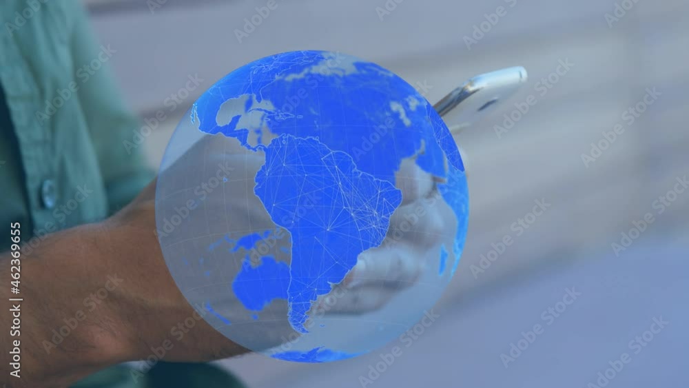 Poster animation of red spots and globe over mixed race man using smartphone