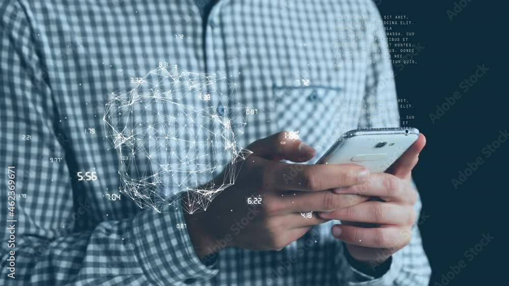Poster animation of data processing and globe over mixed race man using smartphone