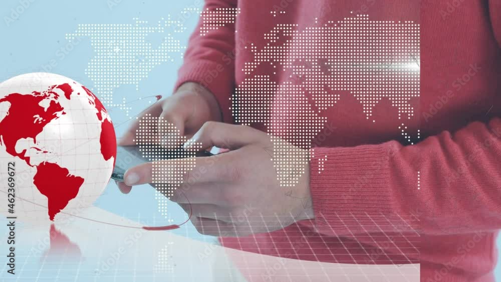 Poster animation of world map and globe over mixed race man using smartphone