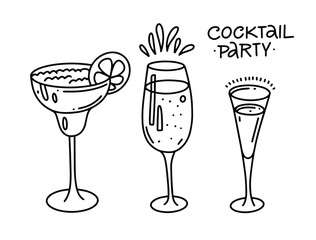 Three cocktails outline style. Hand drawn black color vector illustration.