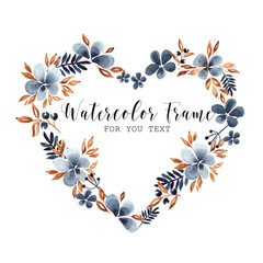 Watercolor heart floral frame with flowers, leaves, herbs isolated on a white background. Floral greeting card or invitation. Indigo color