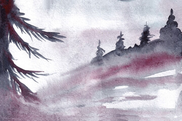 Watercolor mist landscape with fir and foggy mountains in gray and pink colors. Watercolor blurred background