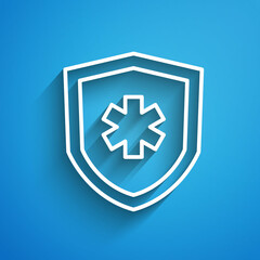 White line Life insurance icon isolated on blue background. Security, safety, protection, protect concept. Long shadow. Vector