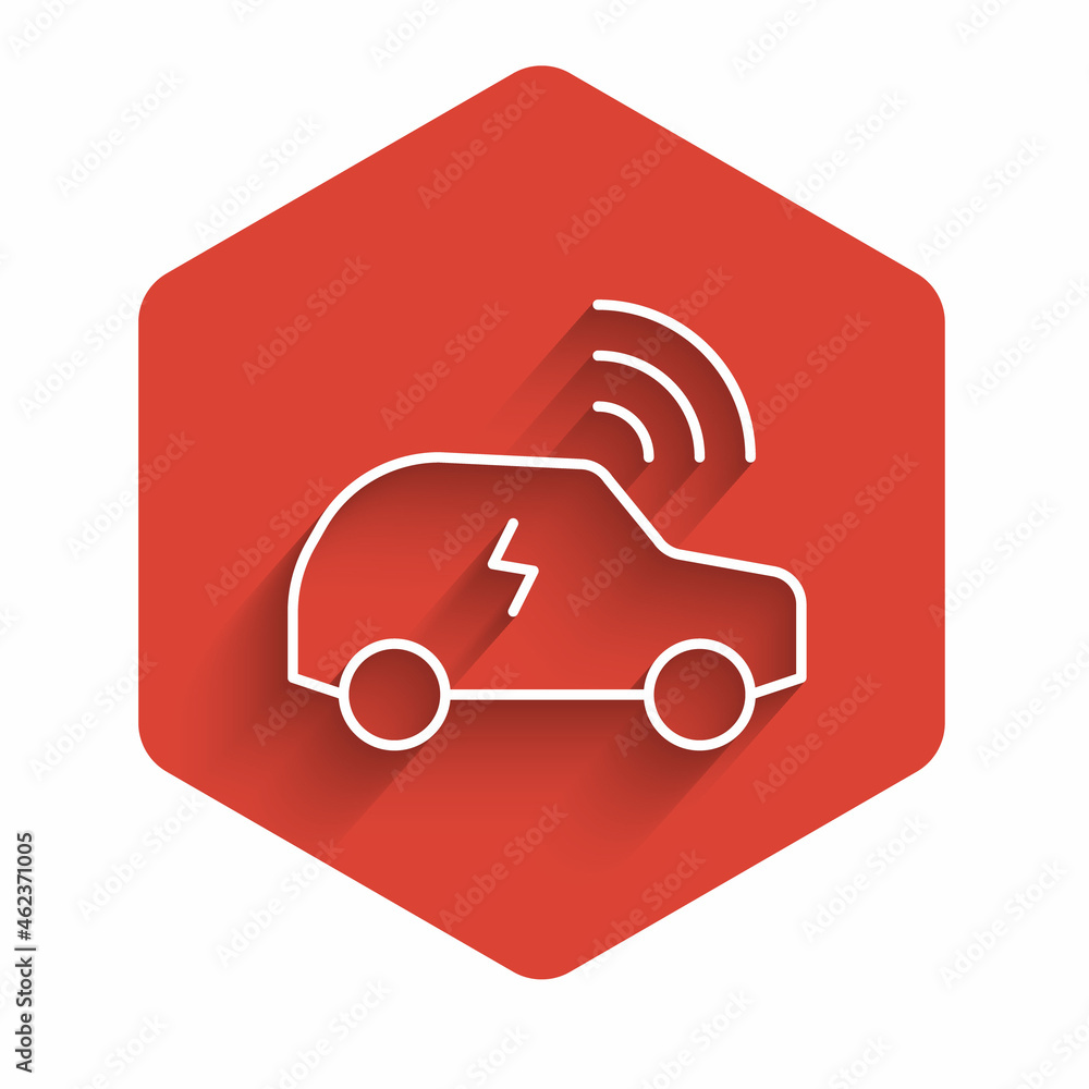 Poster white line smart car system with wireless connection icon isolated with long shadow background. remo