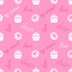 Seamless pattern with cupcakes, donuts and words of love.