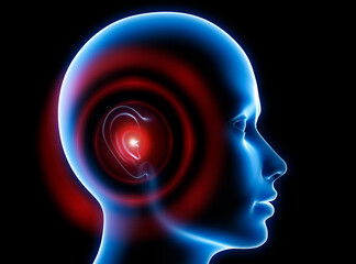 Blue head with ear pain or tinnitus - 3D illustration