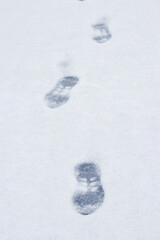 Footprints of a man on white snow in winter, winter background