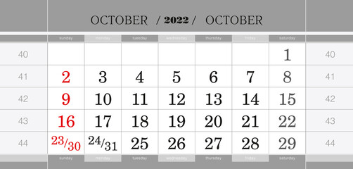 October 2022 quarterly calendar block. Wall calendar in English, week starts from Sunday.