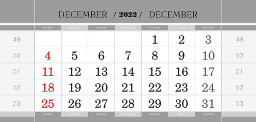 December 2022 quarterly calendar block. Wall calendar in English, week starts from Sunday.