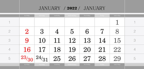 January 2022 quarterly calendar block. Wall calendar in English, week starts from Sunday.